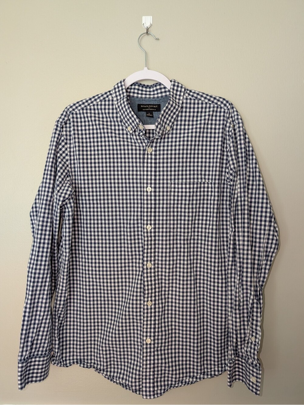 Men’s Banana Republic Long Sleeve Button Down Blue Checkered Shirt Size Large